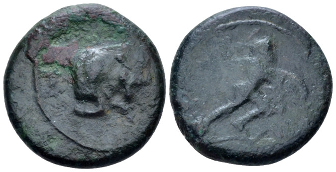 Sicily, Sileraioi Bronze circa 354/3-344, Æ 20.00 mm., 5.35 g.
Forepart of man-...