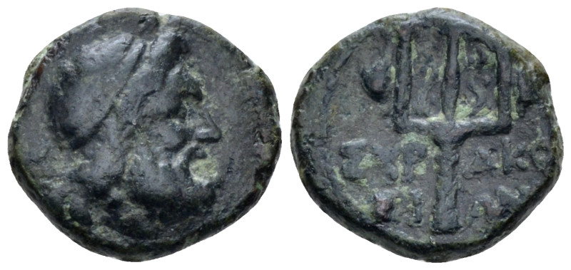 Sicily, Syracuse Bronze After 212, Æ 12.00 mm., 2.28 g.
Diademed head of Poseid...