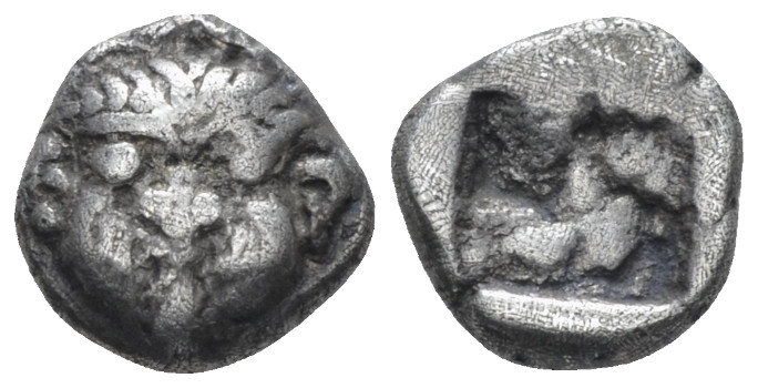 Macedonia, Neapolis Obol circa 525-450, AR 9.00 mm., 1.01 g.
Head of gorgoneion...