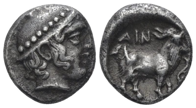 Thrace, Aenus Diobol circa 435-405, AR 10.00 mm., 1.30 g.
Head of Hermes r., we...