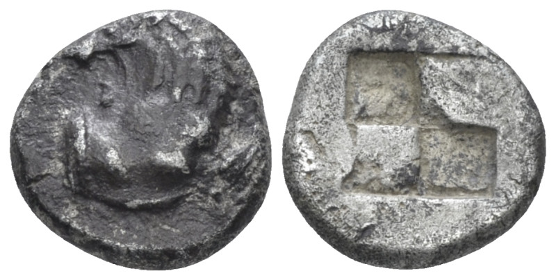 Thrace, Chersonesos Diobol circa 515-493, AR 9.00 mm., 1.24 g.
Forepart of a li...