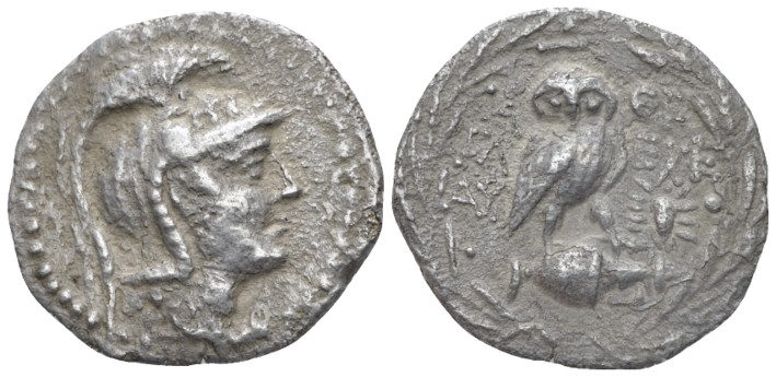 Attica, Athens Drachm circa 138-137, AR 18.00 mm., 3.50 g.
Helmeted head of Ath...