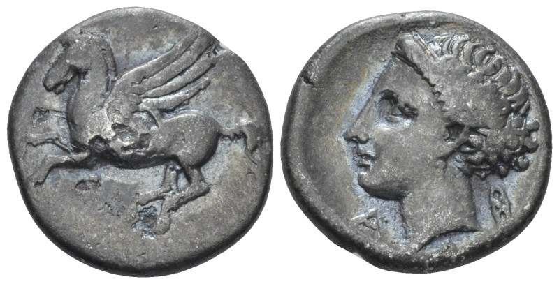 Corinthia, Corinth Drachm circa 345-307, AR 14.00 mm., 2.34 g.
Pegasos flying l...