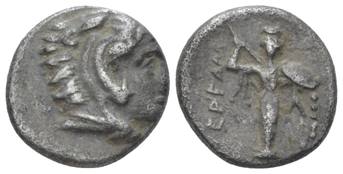 Mysia, Pergamon Diobol circa 310-282, AR 10.00 mm., 1.34 g.
Head of Heracles r....