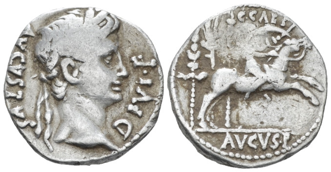 Octavian as Augustus, 27 BC – 14 AD Denarius Lugdunum circa 8 BC, AR 18.00 mm., ...
