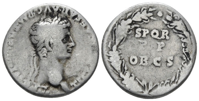 Claudius, 41-54 Denarius Rome 49-50, AR 18.00 mm., 3.60 g.
Laureate head r. Rev...