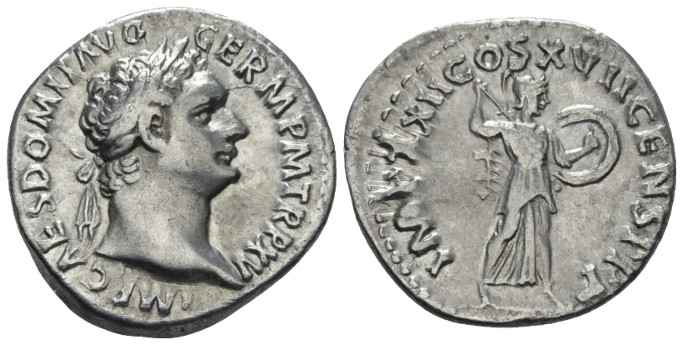 Domitian, 81-96 Denarius Rome 95-96, AR 18.00 mm., 3.11 g.
Laureate head r. Rev...