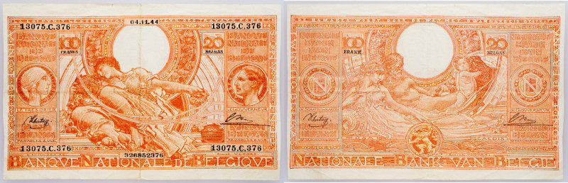 Belgium, 100 Francs/20 Belgas 1944 Belgium, 100 Francs/20 Belgas 1944, P# 114, c...