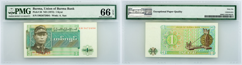 Burma, 1 Kyat 1972, PMG - Gem Uncirculated 66 EPQ Burma, 1 Kyat 1972, P# 56, ND,...