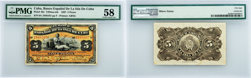 Cuba, 5 Pesos 1897, PMG - Choice About Unc 58 EPQ Cuba, 5 Pesos 1897, P# 48c, Ba...