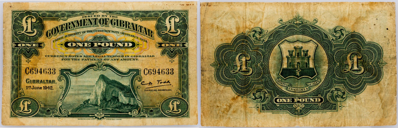Gibraltar, 1 Pound 1942 Gibraltar, 1 Pound 1942, P# 15, | VG

Grade: VG
