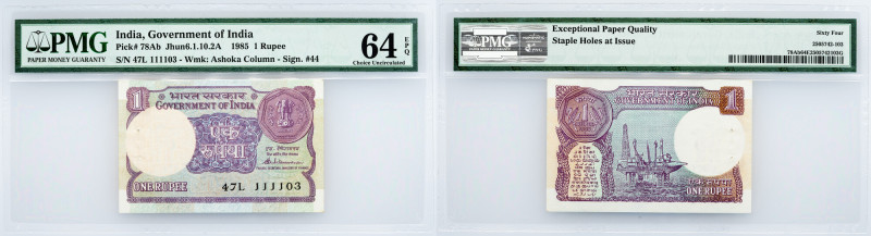 India, 1 Rupee 1985, PMG - Choice Uncirculated 64 EPQ India, 1 Rupee 1985, P# 78...