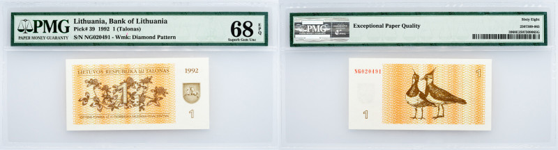 Lithuania, 1 Talonas 1992, PMG - Superb Gem Unc 68 EPQ Lithuania, 1 Talonas 1992...
