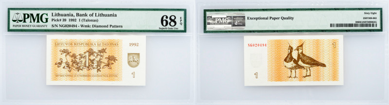 Lithuania, 1 Talonas 1992, PMG - Superb Gem Unc 68 EPQ Lithuania, 1 Talonas 1992...