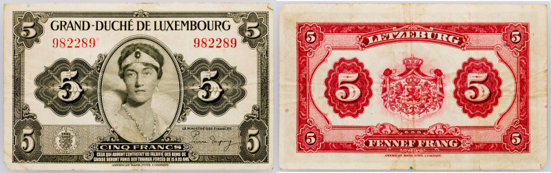Luxembourg, 5 Francs 1944 Luxembourg, 5 Francs 1944, P# 43, | VG

Grade: VG