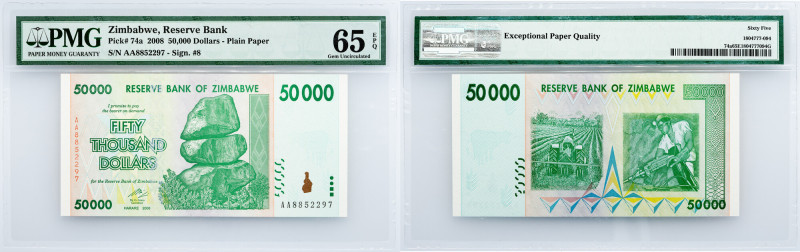 Zimbabwe, 50,000 Dollars 2008, PMG - Gem Uncirculated 65 EPQ Zimbabwe, 50,000 Do...