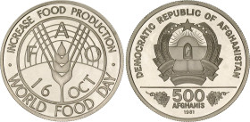 Afghanistan 500 Afghanis 1981
KM# 1002, Schön# 112, N# 45019; Silver., Proof; FAO - World Food Day; Mintage 12000