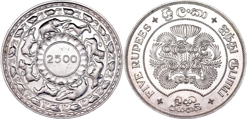 Ceylon 5 Rupees 1957
KM# 126, N# 15727; Silver; 2500th Anniversary of Buddhism,...