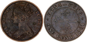 Hong Kong 1 Cent 1881
KM# 4.3, N# 5657; 5 pearls in center of crown; Bronze; Victoria; XF