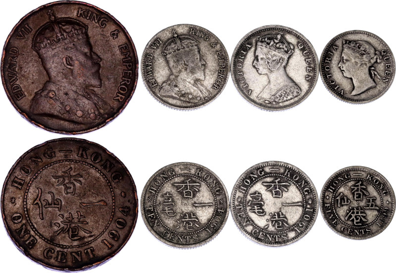 Hong Kong 1 - 5 & 2 x 10 Cents 1899 - 1904
KM# 5, 6, 11, 13; Copper & Silver; V...
