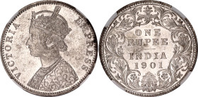 British India 1 Rupee 1901 B NGC MS 62
KM# 492, N# 3719; Silver; Victoria (1837-1901).