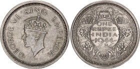 British India 1 Rupee 1944 •
KM# 557.1, N# 2470; Silver; George VI; Bombay Mint; Security edge; AUNC/UNC