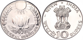 India 10 Rupees 1971 (B)
KM# 186, N# 15377; Silver., Prooflike; FAO - Food for All; Mumbai Mint; UNC with hairlines