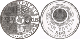 Kazakhstan 500 Tenge 2008
KM# 94, N# 16783; Silver., Proof; 15 Years of National Currency
