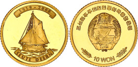 Korea 10 Won 2008
KM# 1199; Gold (0.917) 1g. 16 mm., Proof; Sail Ship "Seute Deern" 1919; Mintage 7500 pcs