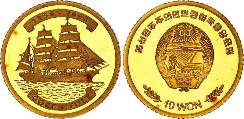 Korea 10 Won 2008
KM# 1201; Gold (0.917) 1g. 16 mm., Proof; Sail Ship "Gorch Fo...