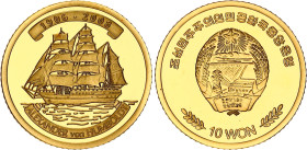 Korea 10 Won 2008
N# 138719; Gold (0.917) 1g. 16 mm., Proof; Sail Ship "Alexander von Humboldt"; Mintage 7500 pcs
