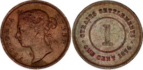 Straits Settlements 1 Cent 1874
KM# 9, N# 3363; Copper; Victoria; Calcutta Mint; VF-XF
