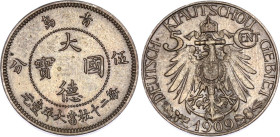 China Kiau Chau 5 Cents / 5 Fen 1909
KM# 1, N# 20877; Copper-Nickel 2.96 g.; Wilhelm II; Deutsch Asiatische Bank; This was issued by the Deutsch-Asia...