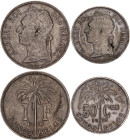 Belgian Congo 50 Centimes & 1 Franc 1925 - 1927
KM# 22, 21; Copper-nickel; Albert I; Brussels Mint; VF-XF