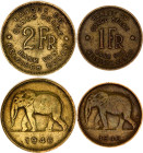 Belgian Congo 1 - 2 Francs 1946
KM# 26, 28; Brass; Albert I; Brussels Mint; XF-AUNC
