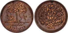 Egypt 1/2 Millieme 1917 AH 1335 H
KM# 312, N# 21757; Bronze; Hussein Kamel; Occupation Coinage; UNC