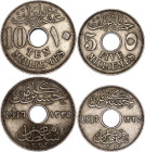 Egypt 5 - 10 Milliemes 1917 AH 1335 H
KM# 315 - 316; Copper-Nickel; Hussein Kamel; Occupation Coinage; XF