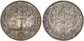 Egypt 2 Piastres 1917 AH 1335 H
KM# 317.2, N# 15843; Silver; Hussein Kamel; Occupation Coinage; UNC, Toning