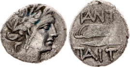 Ancient Greece Pantikapaion Drachm 200 - 100 BC (ND)
Anokhin# 189; Silver 4.10 g.; Obv: Laureate head of Apollo right. Rev: Bow in quiver; barley gra...