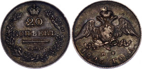 Russia 20 Kopeks 1826 СПБ НГ
Bit# 132, N# 26904; Silver; Nicholas I; XF, original toning
