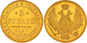 Russia 5 Roubles 1847 СПБ АГ
Bit# 29, N# 97009; Gold (.917) 6.53 g.; Nicholas I; UNC