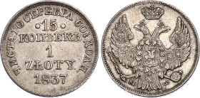 Russia - Poland 15 Kopeks - 1 Zloty 1837 MW
Bit# 1170, N# 23768; Silver 3.01 g.; Nicholas I; XF