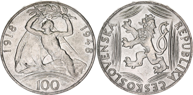 Czechoslovakia 100 Korun 1948
KM# 27, Schön# 34, N# 12650; Silver; 30th Anniver...