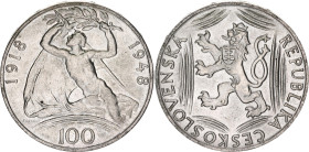 Czechoslovakia 100 Korun 1948
KM# 27, Schön# 34, N# 12650; Silver; 30th Anniversary of Independence; AUNC
