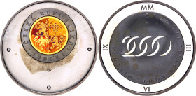 Czech Republic 2000 Korun 2000
KM# 44, N# 67056; Bimetallic: Gold (.9999) center in silver (.999) ring., Proof; New Millennium; Silver coin with gold...