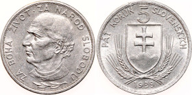 Slovakia 5 Korun 1939
KM# 2, Schön# 6, N# 6192; Nickel; UNC