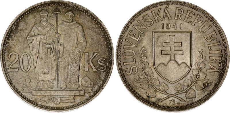 Slovakia 20 Korun 1941
KM# 7.1, Schön# 9, N# 6483; Simple cross; Silver; St. Cy...