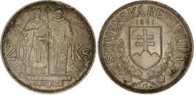 Slovakia 20 Korun 1941
KM# 7.1, Schön# 9, N# 6483; Simple cross; Silver; St. Cyril and St. Methodius; UNC-