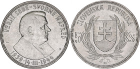 Slovakia 50 Korun 1944
KM# 10, Schön# 10, N# 6088; Silver; Fifth Anniversary of the Slovak Republic; UNC Luster