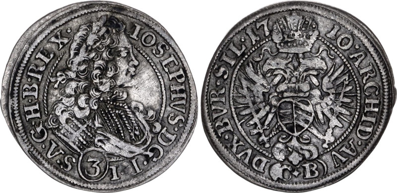 Bohemia Silesia 3 Kreuzer 1710 CB
KM# 690, N# 47285; Silver; Josef I; Mint Brie...